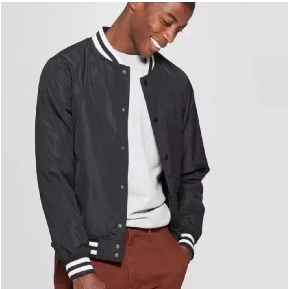 Goodfellow Men's Water Resistant Bomber Jacket in Black with White Stripe